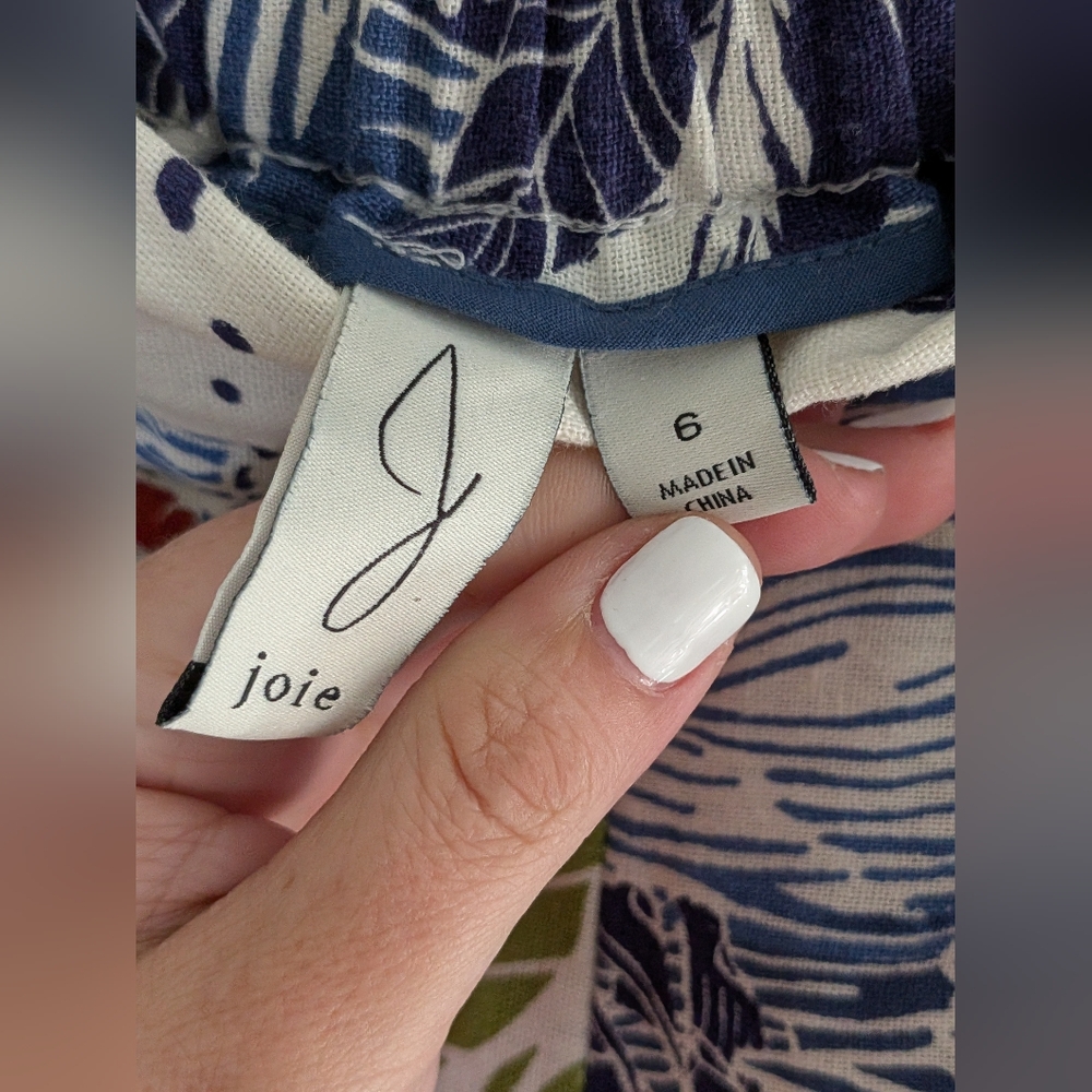 Joie Tropical Print Wide Leg Pants Linen Blend Blue Palm Print Size 6 - Picture 3 of 5